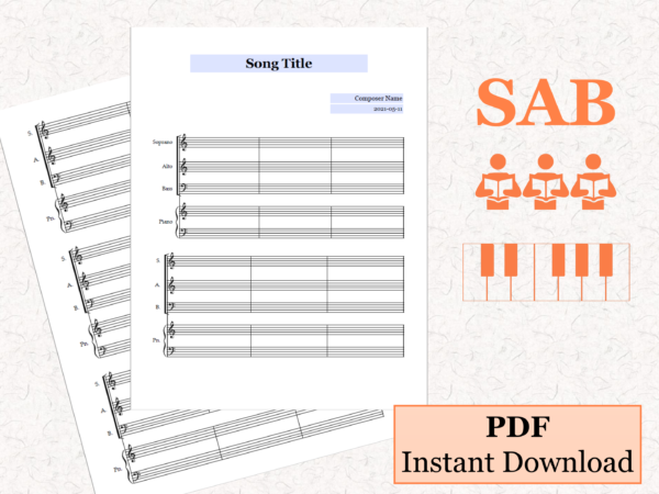 SAB Choir Piano - Printable Blank Sheet Music Paper PDF