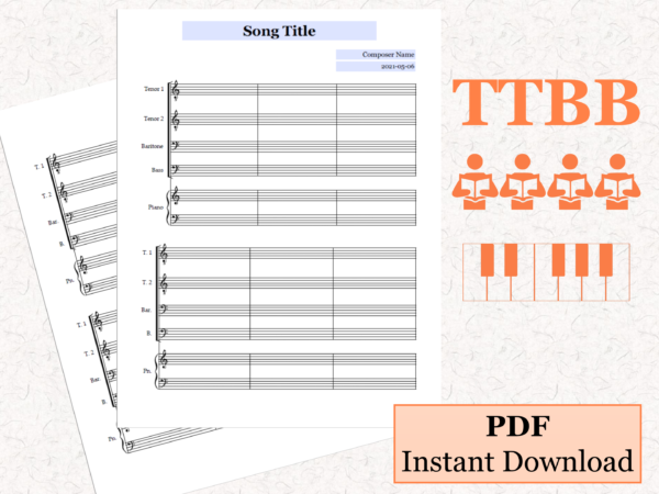 TTBB Choir Piano - Printable Blank Sheet Music Paper PDF